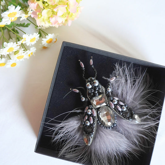 Decorative beaded insect brooch with silver and black beads - TGbrooch