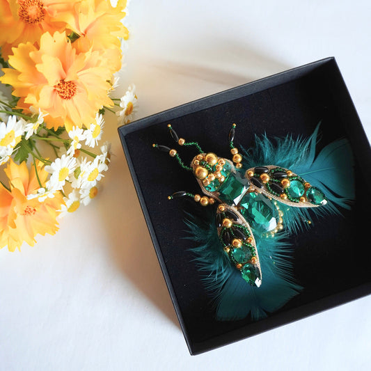 Handmade beaded insect fly brooch with emerald green feathers and gemstones with gold combination - TGbrooch
