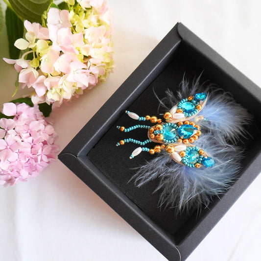 Beaded fly brooch with azure blue gemstones, beads and feathers -TGbrooch