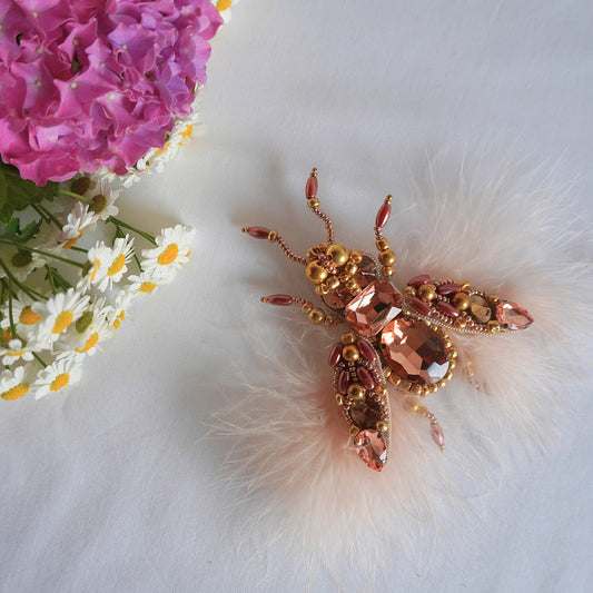 Handmade peach and gold beaded fly brooch with feathers - TGbrooch