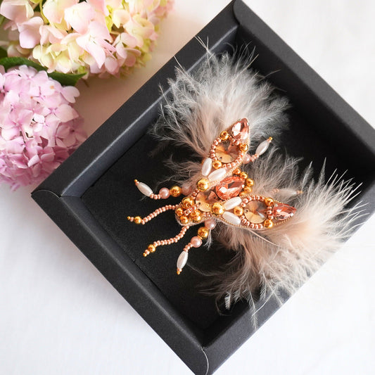 Small size handmade beaded fly brooch with peach and gold beads, gemstones and feathers - TGbrooch