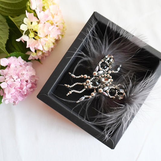 Handmade small size beaded fly brooch with silver and black beads, gemstones and grey feathers in a box - TGbrooch