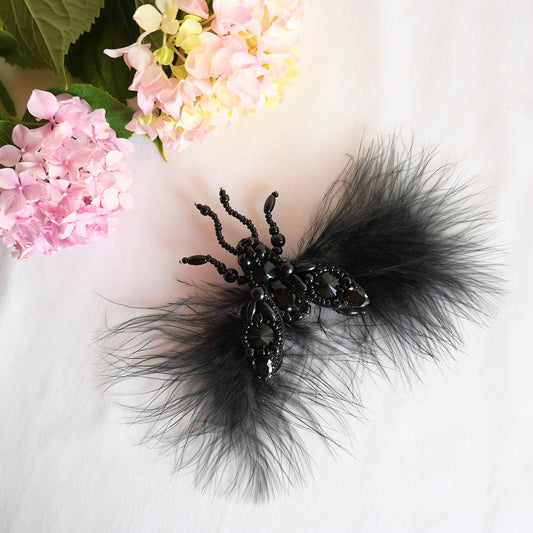 Handmade beaded fly brooch in black color with gemstones and feathers - TGbrooch