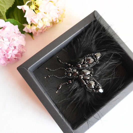 Handmade embroidered small size insect brooch with black beads and feathers in a box - TGbrooch