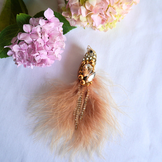 Handmade beaded bird brooch with champagne and gold gemstones, beads and feathers - TGbrooch