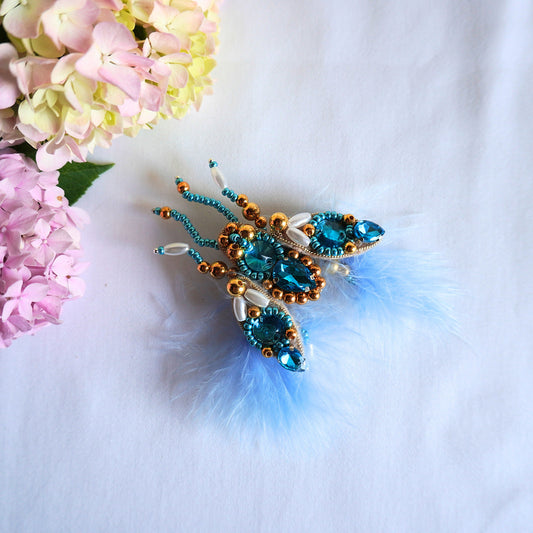 Handmade beaded small size fly brooch in light blue and gold color combination -TGbrooch