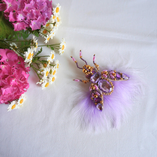 Decorative beaded insect brooch with purple feather and gemstone - TGbrooch