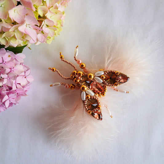 Handmade beaded small size fly brooch in peach and gold color combination - TGbrooch