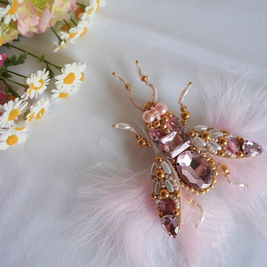 Handmade embroidered beaded TGbrooch with rose pink feathers and gold beads
