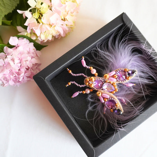 Decorative beaded insect brooch in purple and gold color combination -TGbrooch