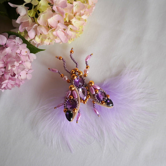 Handmade beaded small size fly brooch with purple and gold beads, gemstones and feathers - TGbrooch