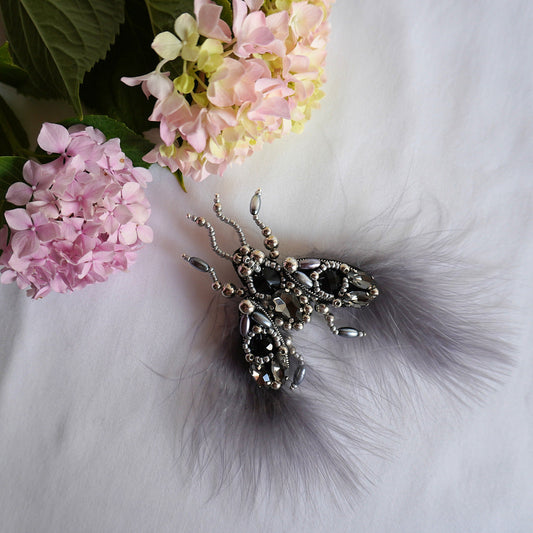Handmade beaded fly brooch in silver and black color combination - TGbrooch